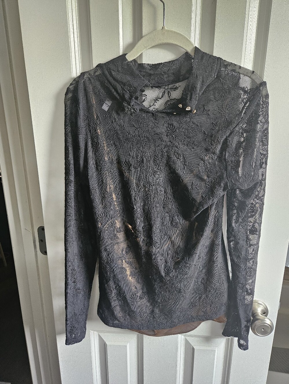 Johnny Was Black Sheer Lace Floral Mock Neck Top - Picture 3 of 6